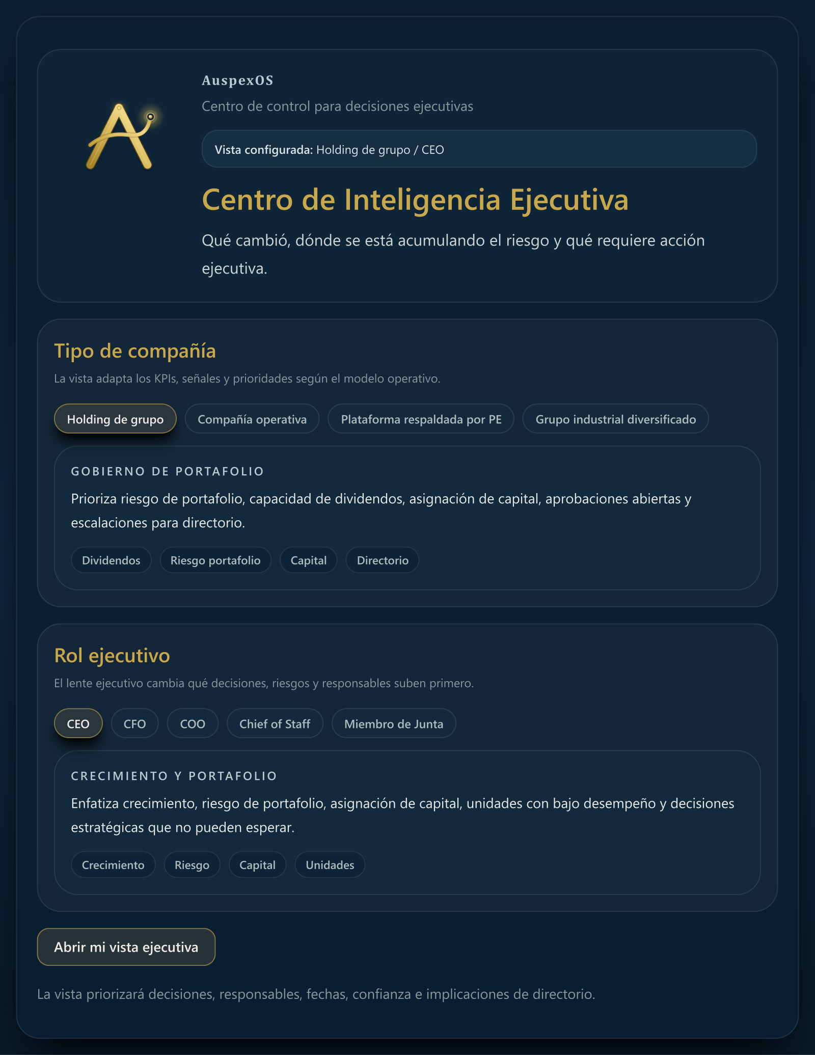Vista de configuración por rol y tipo de compañía de AuspexOS
